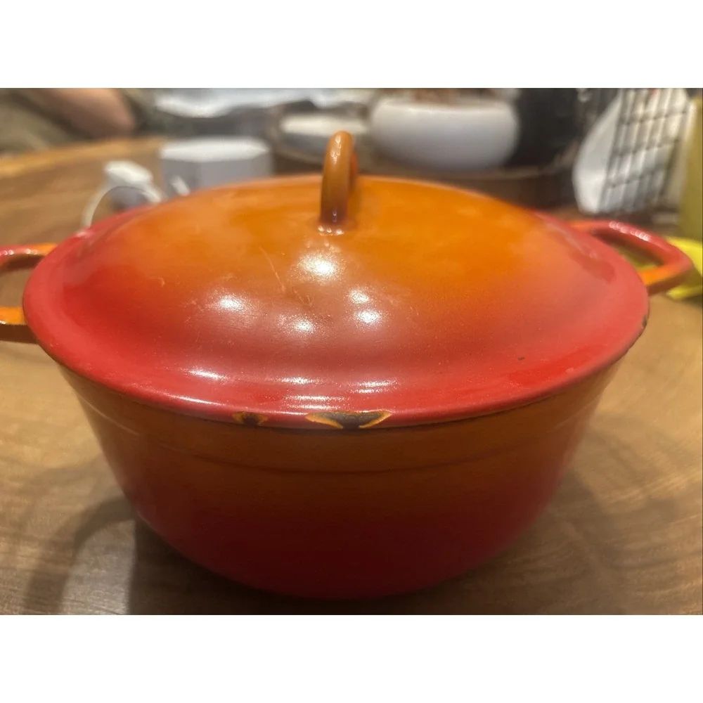 VTG 60s Descoware Flame Orange Enamel Cast Iron Dutch Oven FE 22-C Belgium 22cm
